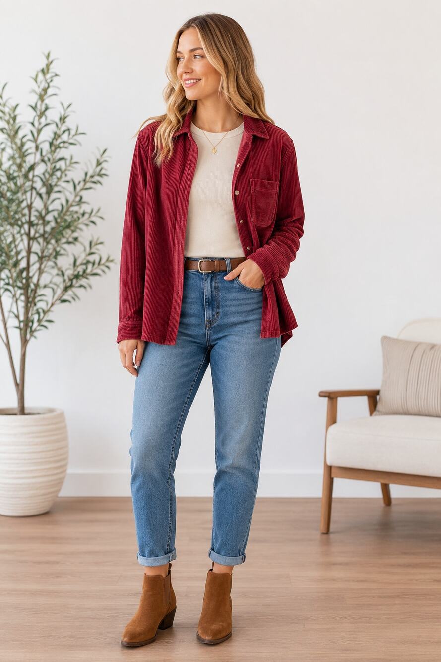 LL Bean Red Corduroy Shirt Jacket Shacket Womens S Casual Classic Cotton Fall